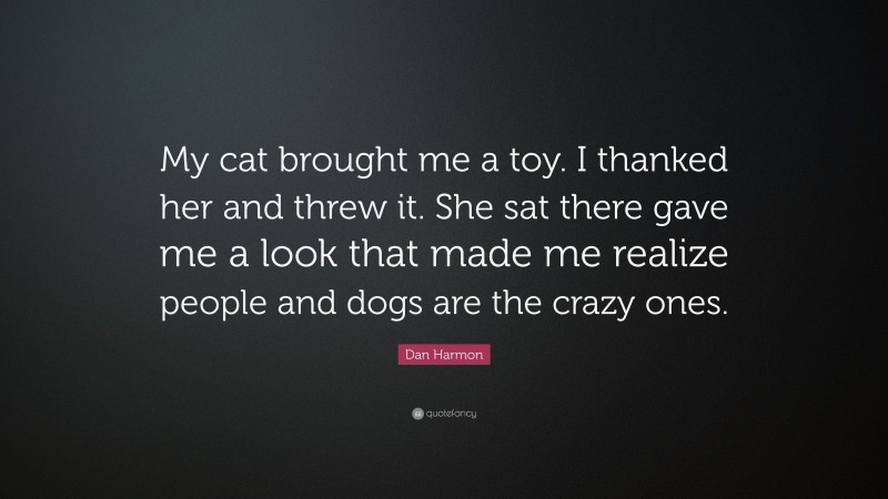 Dan Harmon Quote: “My cat brought me a toy. I thanked her and threw it. She sat there gave me a look that made me realize people and dogs are the crazy ones.”