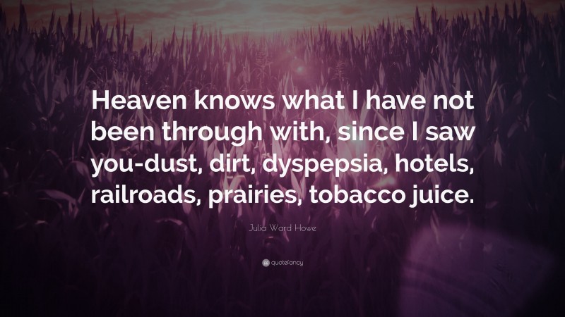 Julia Ward Howe Quote: “Heaven knows what I have not been through with, since I saw you-dust, dirt, dyspepsia, hotels, railroads, prairies, tobacco juice.”