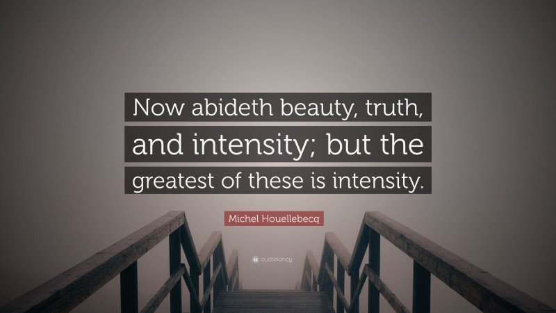 Michel Houellebecq Quote: “Now abideth beauty, truth, and intensity; but the greatest of these is intensity.”