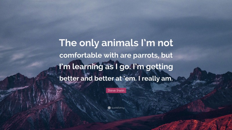 Steve Irwin Quote: “The only animals I’m not comfortable with are parrots, but I’m learning as I go. I’m getting better and better at ’em. I really am.”