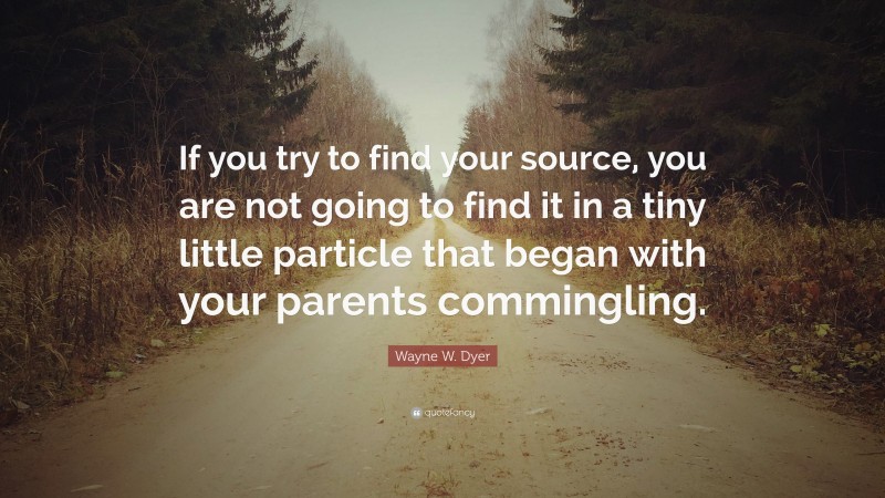 Wayne W. Dyer Quote: “If you try to find your source, you are not going to find it in a tiny little particle that began with your parents commingling.”