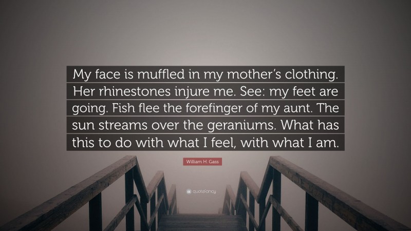 William H. Gass Quote: “My face is muffled in my mother’s clothing. Her rhinestones injure me. See: my feet are going. Fish flee the forefinger of my aunt. The sun streams over the geraniums. What has this to do with what I feel, with what I am.”