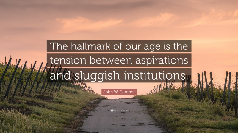 John W. Gardner Quote: “The hallmark of our age is the tension between aspirations and sluggish institutions.”