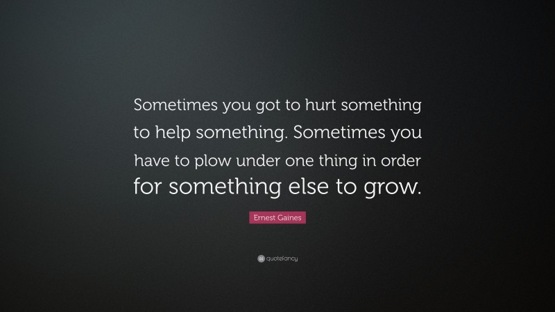 Ernest Gaines Quote: “Sometimes you got to hurt something to help something. Sometimes you have to plow under one thing in order for something else to grow.”