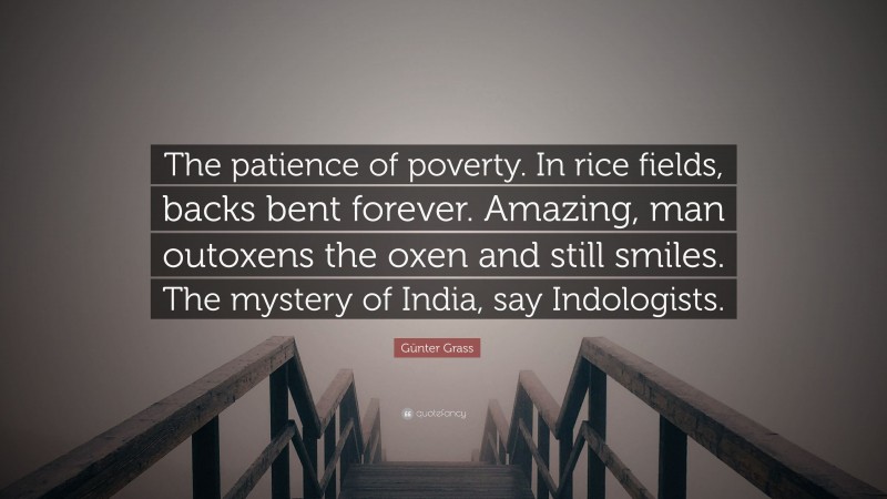 Günter Grass Quote: “The patience of poverty. In rice fields, backs bent forever. Amazing, man outoxens the oxen and still smiles. The mystery of India, say Indologists.”