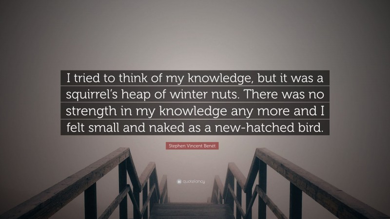 Stephen Vincent Benét Quote: “I tried to think of my knowledge, but it was a squirrel’s heap of winter nuts. There was no strength in my knowledge any more and I felt small and naked as a new-hatched bird.”