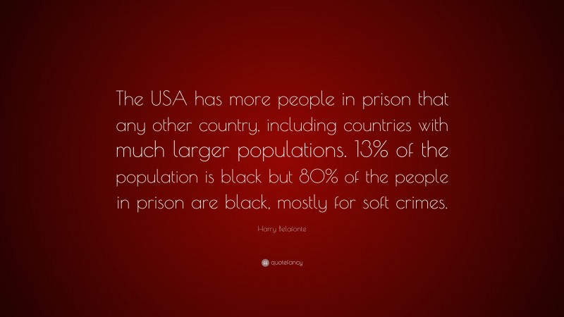 Harry Belafonte Quote: “The USA has more people in prison that any other country, including countries with much larger populations. 13% of the population is black but 80% of the people in prison are black, mostly for soft crimes.”