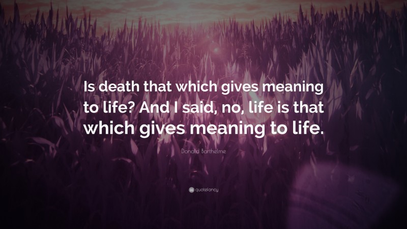 Donald Barthelme Quote: “Is death that which gives meaning to life? And I said, no, life is that which gives meaning to life.”