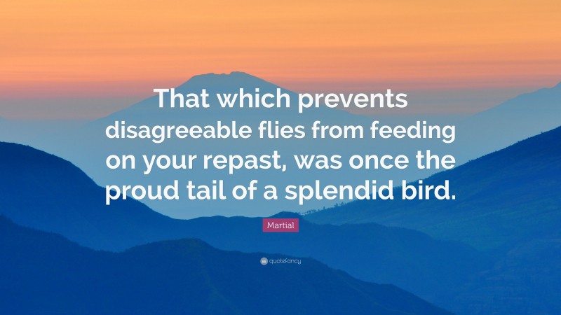 Martial Quote: “That which prevents disagreeable flies from feeding on your repast, was once the proud tail of a splendid bird.”