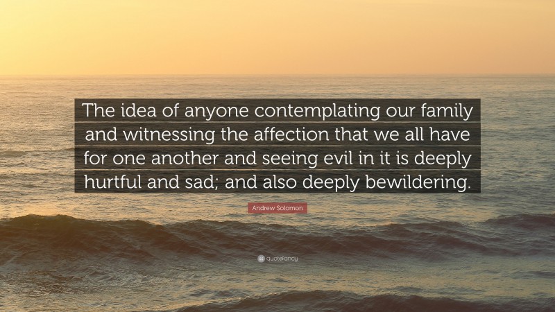 Andrew Solomon Quote: “The idea of anyone contemplating our family and witnessing the affection that we all have for one another and seeing evil in it is deeply hurtful and sad; and also deeply bewildering.”