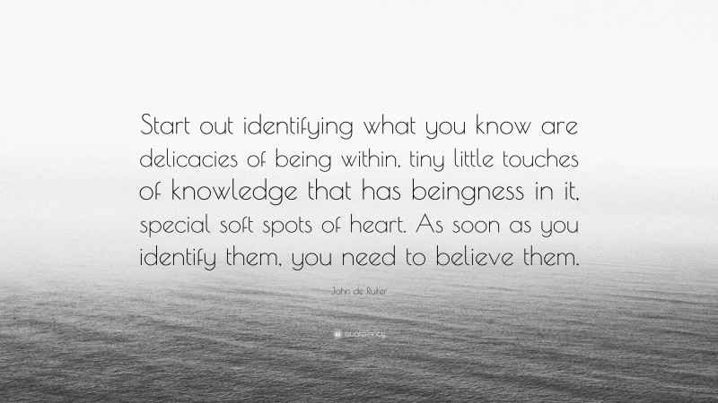 John de Ruiter Quote: “Start out identifying what you know are delicacies of being within, tiny little touches of knowledge that has beingness in it, special soft spots of heart. As soon as you identify them, you need to believe them.”