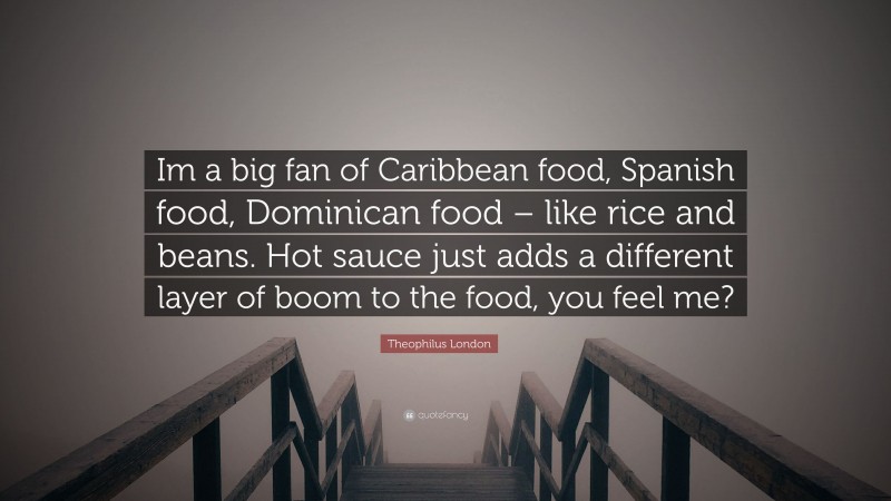 Theophilus London Quote: “Im a big fan of Caribbean food, Spanish food, Dominican food – like rice and beans. Hot sauce just adds a different layer of boom to the food, you feel me?”