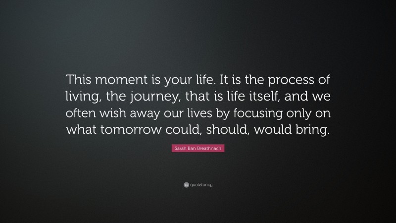 Sarah Ban Breathnach Quote: “This moment is your life. It is the process of living, the journey, that is life itself, and we often wish away our lives by focusing only on what tomorrow could, should, would bring.”