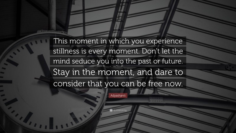 Adyashanti Quote: “This moment in which you experience stillness is every moment. Don’t let the mind seduce you into the past or future. Stay in the moment, and dare to consider that you can be free now.”