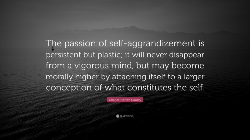 Charles Horton Cooley Quote: “The passion of self-aggrandizement is persistent but plastic; it will never disappear from a vigorous mind, but may become morally higher by attaching itself to a larger conception of what constitutes the self.”