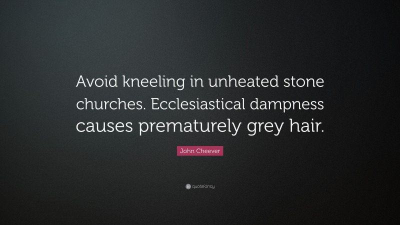 John Cheever Quote: “Avoid kneeling in unheated stone churches. Ecclesiastical dampness causes prematurely grey hair.”