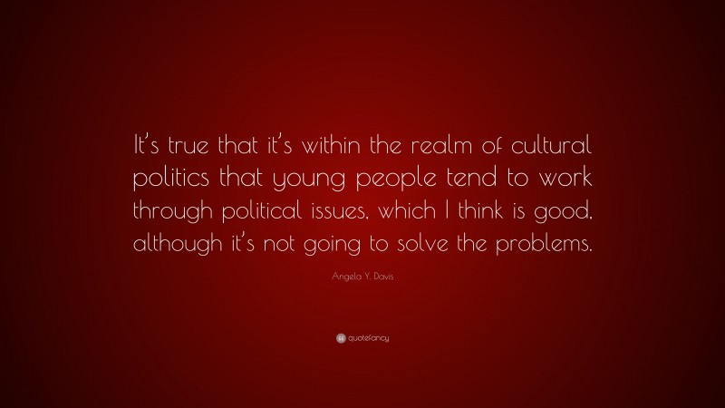 Angela Y. Davis Quote: “It’s true that it’s within the realm of cultural politics that young people tend to work through political issues, which I think is good, although it’s not going to solve the problems.”