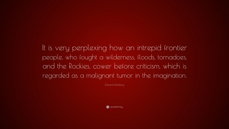 Edward Dahlberg Quote: “It is very perplexing how an intrepid frontier people, who fought a wilderness, floods, tornadoes, and the Rockies, cower before criticism, which is regarded as a malignant tumor in the imagination.”