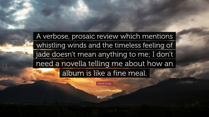 David Cross Quote: “A verbose, prosaic review which mentions whistling winds and the timeless feeling of jade doesn’t mean anything to me; I don’t need a novella telling me about how an album is like a fine meal.”