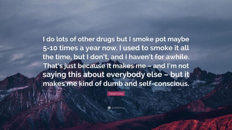 David Cross Quote: “I do lots of other drugs but I smoke pot maybe 5-10 times a year now. I used to smoke it all the time, but I don’t, and I haven’t for awhile. That’s just because it makes me – and I’m not saying this about everybody else – but it makes me kind of dumb and self-conscious.”