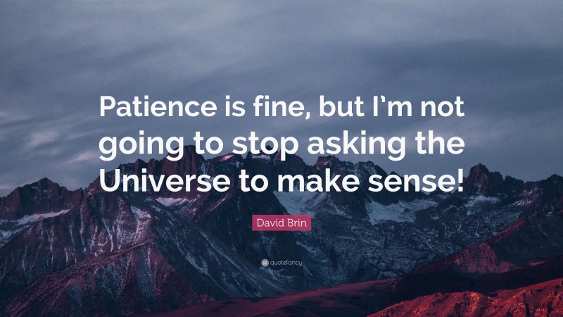 David Brin Quote: “Patience is fine, but I’m not going to stop asking the Universe to make sense!”