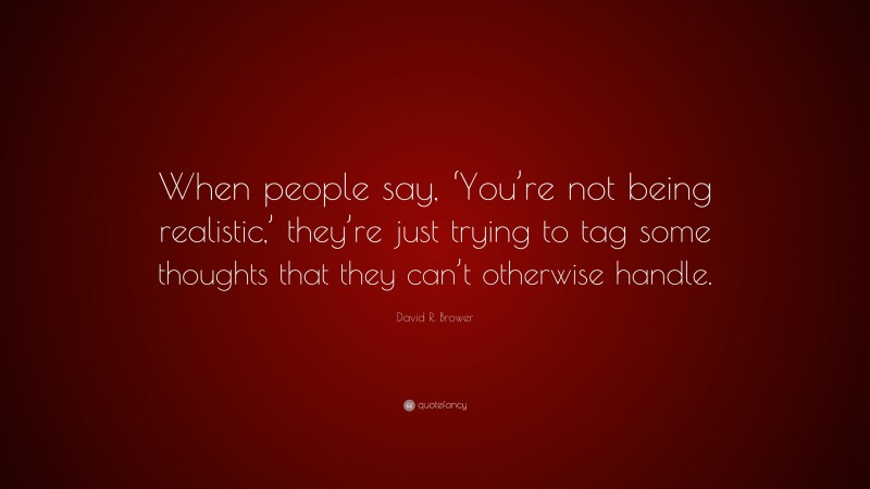 David R. Brower Quote: “When people say, ‘You’re not being realistic,’ they’re just trying to tag some thoughts that they can’t otherwise handle.”