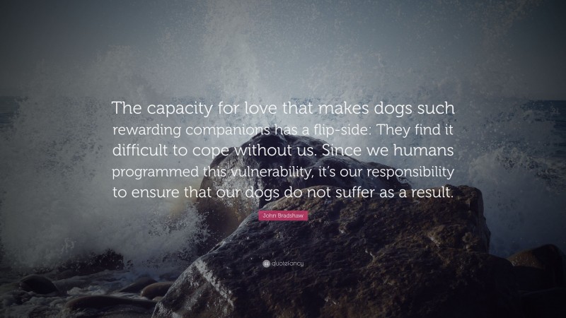 John Bradshaw Quote: “The capacity for love that makes dogs such rewarding companions has a flip-side: They find it difficult to cope without us. Since we humans programmed this vulnerability, it’s our responsibility to ensure that our dogs do not suffer as a result.”