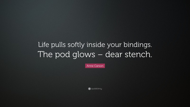 Anne Carson Quote: “Life pulls softly inside your bindings. The pod glows – dear stench.”