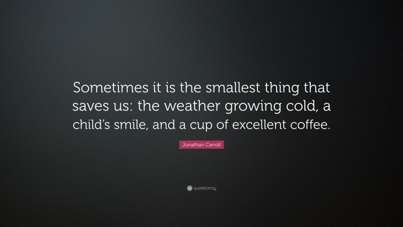 Jonathan Carroll Quote: “Sometimes it is the smallest thing that saves us: the weather growing cold, a child’s smile, and a cup of excellent coffee.”