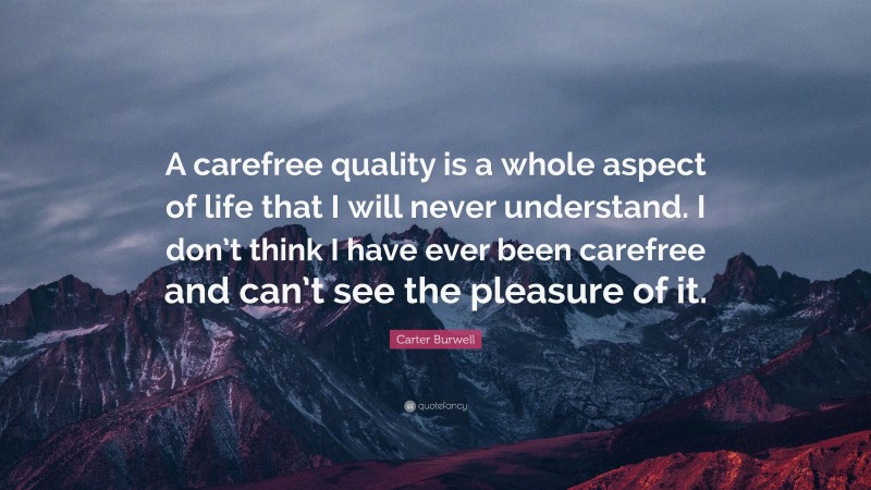 Carter Burwell Quote: “A carefree quality is a whole aspect of life that I will never understand. I don’t think I have ever been carefree and can’t see the pleasure of it.”
