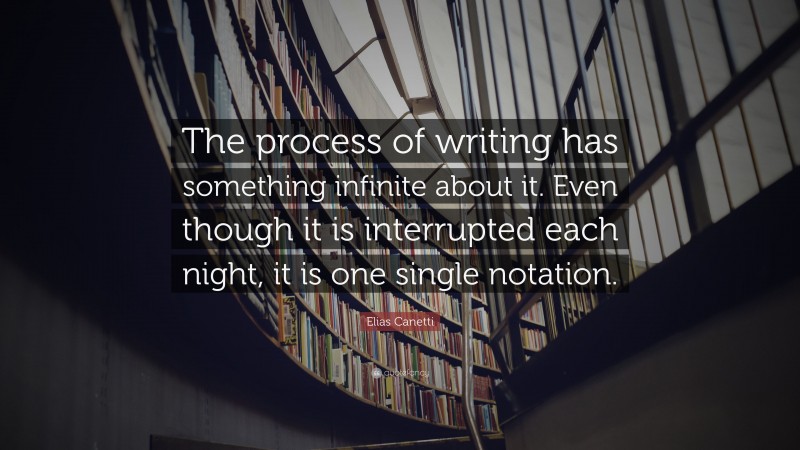 Elias Canetti Quote: “The process of writing has something infinite about it. Even though it is interrupted each night, it is one single notation.”