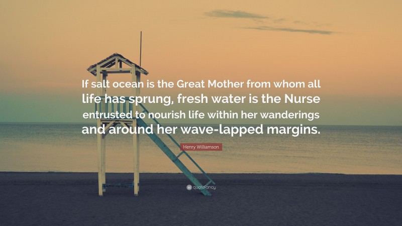 Henry Williamson Quote: “If salt ocean is the Great Mother from whom all life has sprung, fresh water is the Nurse entrusted to nourish life within her wanderings and around her wave-lapped margins.”