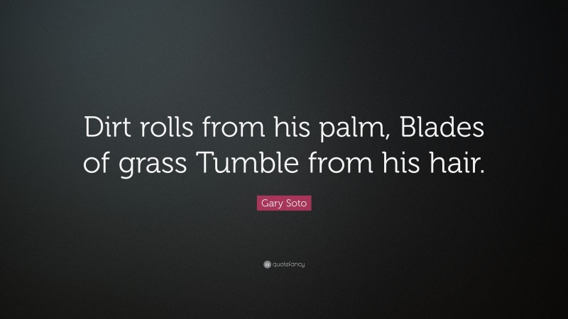 Gary Soto Quote: “Dirt rolls from his palm, Blades of grass Tumble from his hair.”