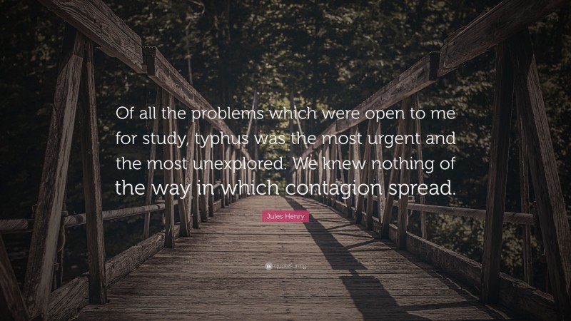 Jules Henry Quote: “Of all the problems which were open to me for study, typhus was the most urgent and the most unexplored. We knew nothing of the way in which contagion spread.”