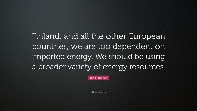 Tarja Halonen Quote: “Finland, and all the other European countries, we are too dependent on imported energy. We should be using a broader variety of energy resources.”