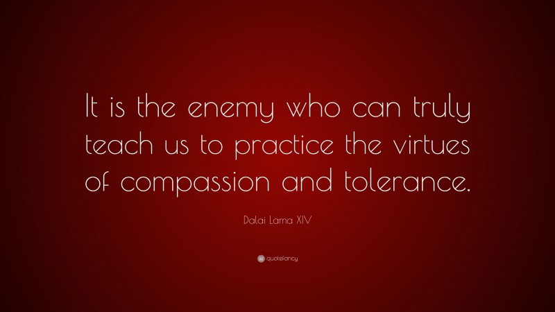 Dalai Lama XIV Quote: “It is the enemy who can truly teach us to practice the virtues of compassion and tolerance.”