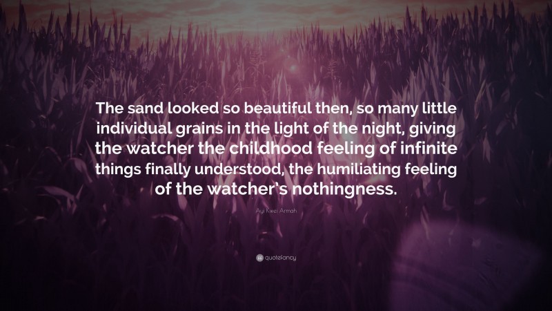 Ayi Kwei Armah Quote: “The sand looked so beautiful then, so many little individual grains in the light of the night, giving the watcher the childhood feeling of infinite things finally understood, the humiliating feeling of the watcher’s nothingness.”