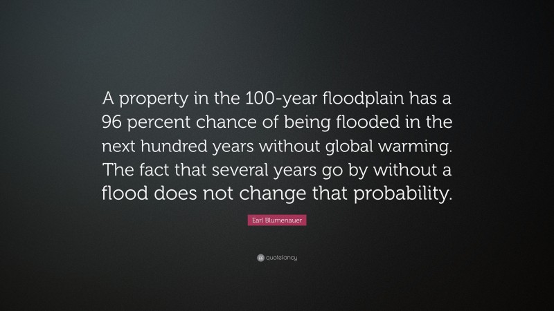 Earl Blumenauer Quote: “A property in the 100-year floodplain has a 96 percent chance of being flooded in the next hundred years without global warming. The fact that several years go by without a flood does not change that probability.”