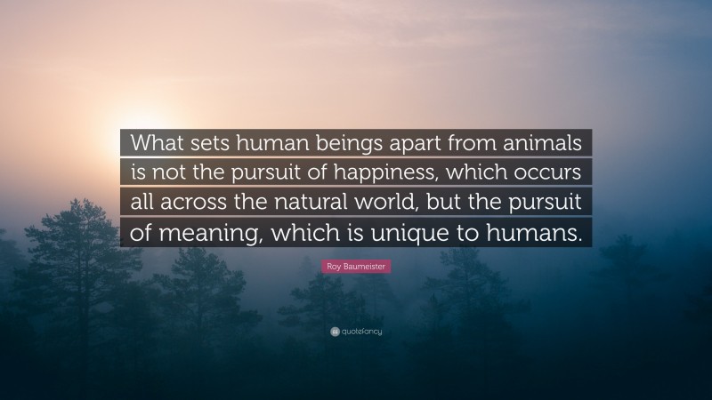 Roy Baumeister Quote: “What sets human beings apart from animals is not the pursuit of happiness, which occurs all across the natural world, but the pursuit of meaning, which is unique to humans.”
