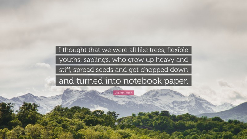 Jill McCorkle Quote: “I thought that we were all like trees, flexible youths, saplings, who grow up heavy and stiff, spread seeds and get chopped down and turned into notebook paper.”