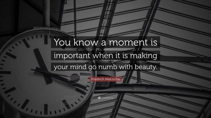 Friedrich Nietzsche Quote: “You know a moment is important when it is making your mind go numb with beauty.”
