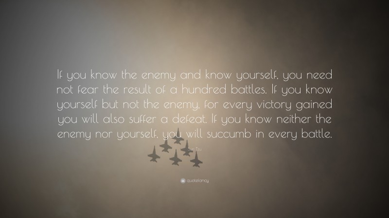 Sun Tzu Quote: “If you know the enemy and know yourself, you need not fear the result of a hundred battles. If you know yourself but not the enemy, for every victory gained you will also suffer a defeat. If you know neither the enemy nor yourself, you will succumb in every battle.”