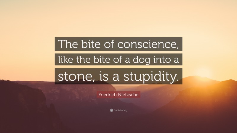 Friedrich Nietzsche Quote: “The bite of conscience, like the bite of a dog into a stone, is a stupidity.”