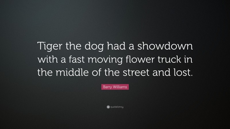 Barry Williams Quote: “Tiger the dog had a showdown with a fast moving flower truck in the middle of the street and lost.”