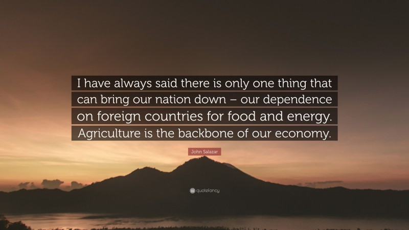 John Salazar Quote: “I have always said there is only one thing that can bring our nation down – our dependence on foreign countries for food and energy. Agriculture is the backbone of our economy.”