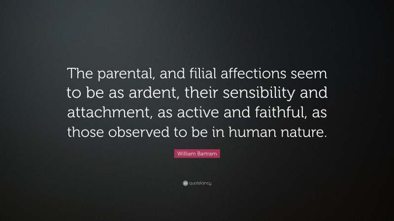 William Bartram Quote: “The parental, and filial affections seem to be as ardent, their sensibility and attachment, as active and faithful, as those observed to be in human nature.”