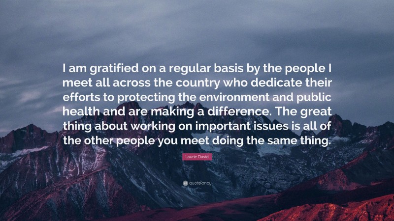 Laurie David Quote: “I am gratified on a regular basis by the people I meet all across the country who dedicate their efforts to protecting the environment and public health and are making a difference. The great thing about working on important issues is all of the other people you meet doing the same thing.”