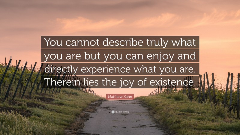 Matthew Kahn Quote: “You cannot describe truly what you are but you can enjoy and directly experience what you are. Therein lies the joy of existence.”