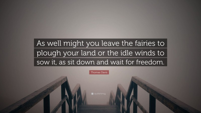 Thomas Davis Quote: “As well might you leave the fairies to plough your land or the idle winds to sow it, as sit down and wait for freedom.”