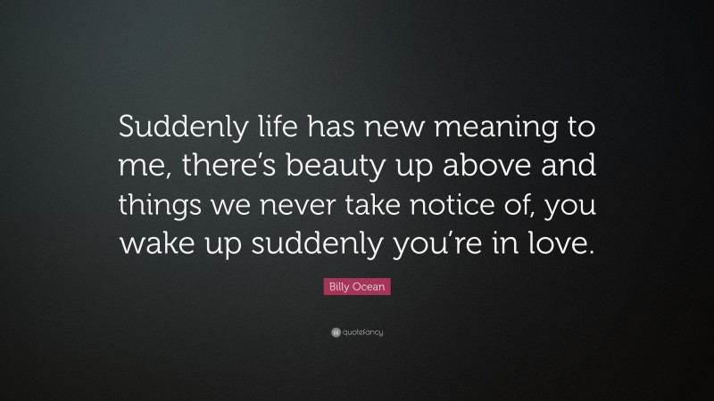 Billy Ocean Quote: “Suddenly life has new meaning to me, there’s beauty up above and things we never take notice of, you wake up suddenly you’re in love.”